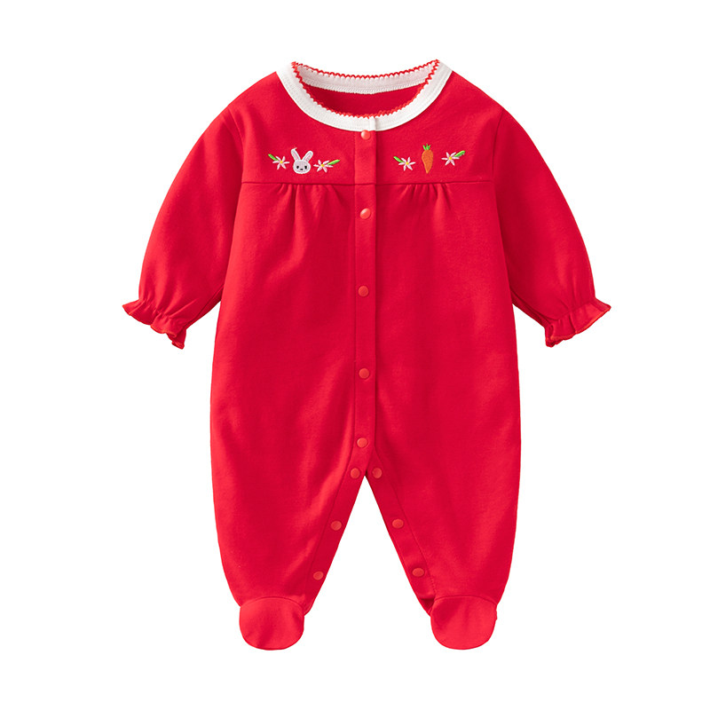 新生婴儿连体衣春秋包脚0-1岁幼儿女宝宝长袖纯棉喜庆红色爬爬服