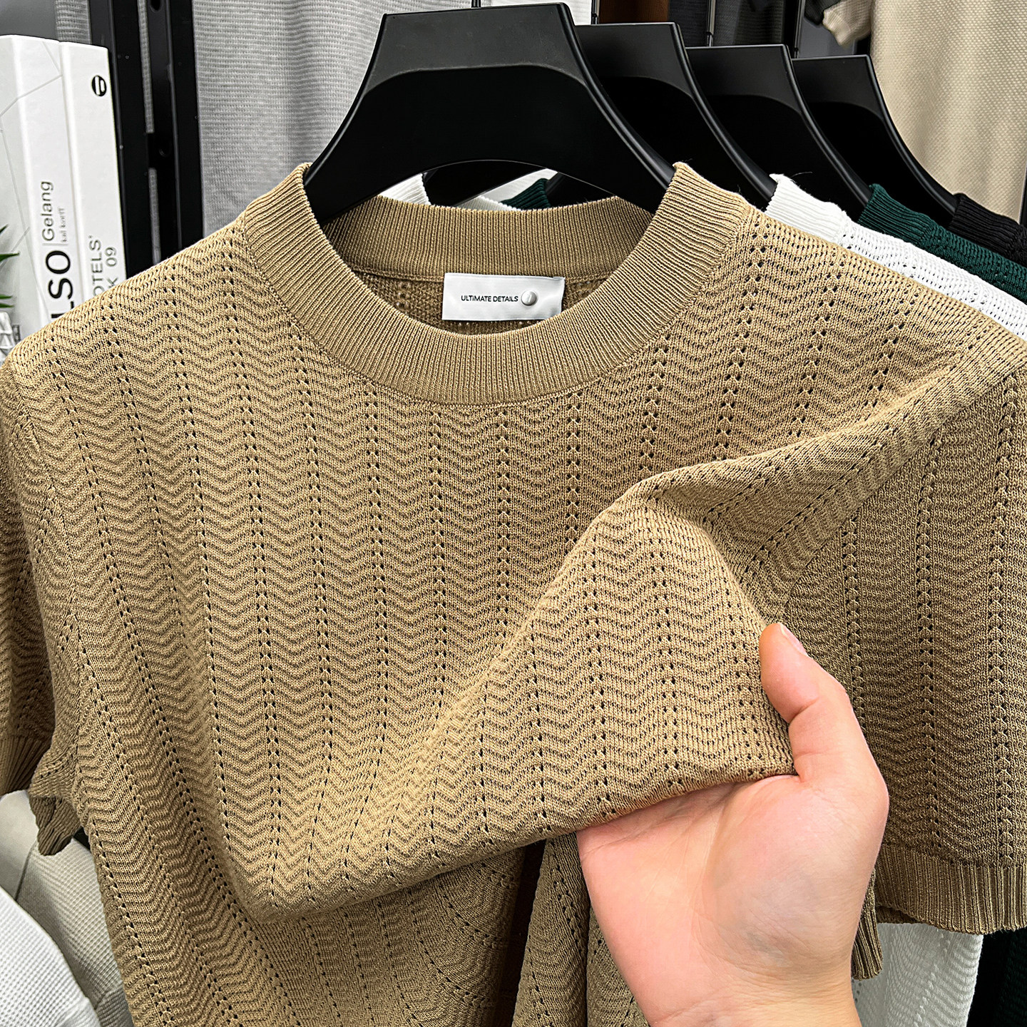 老钱风镂空针织衫短袖t恤男圆领夏季修身半袖体恤男休闲纯色衣服