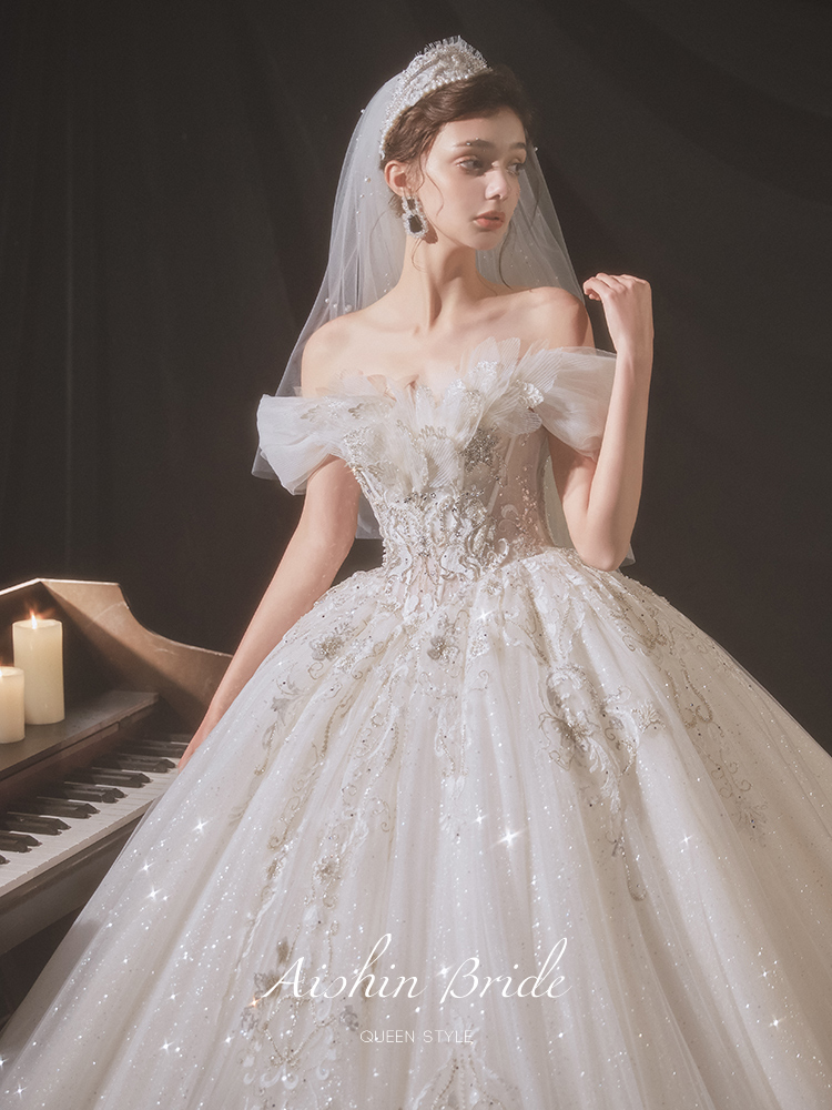 Eight -year -old shop wedding dress new Ai Shi Ni | French -style shoulder -shoulder wedding dress 2023 bride court original gauze