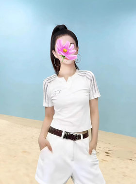 夏季新款白色V领短袖T恤修身显瘦烫钻运动休闲上衣女款