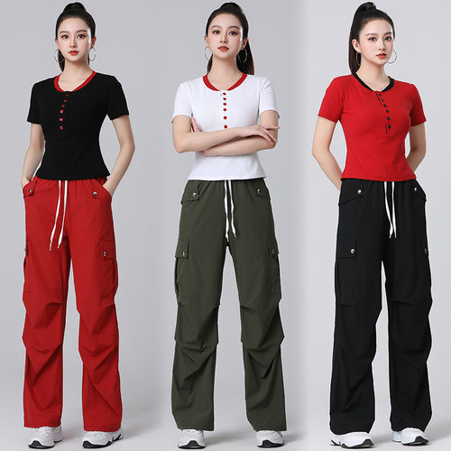 广场舞套装夏季新款宽松排扣短袖健身操服装运动服美式速干工装裤