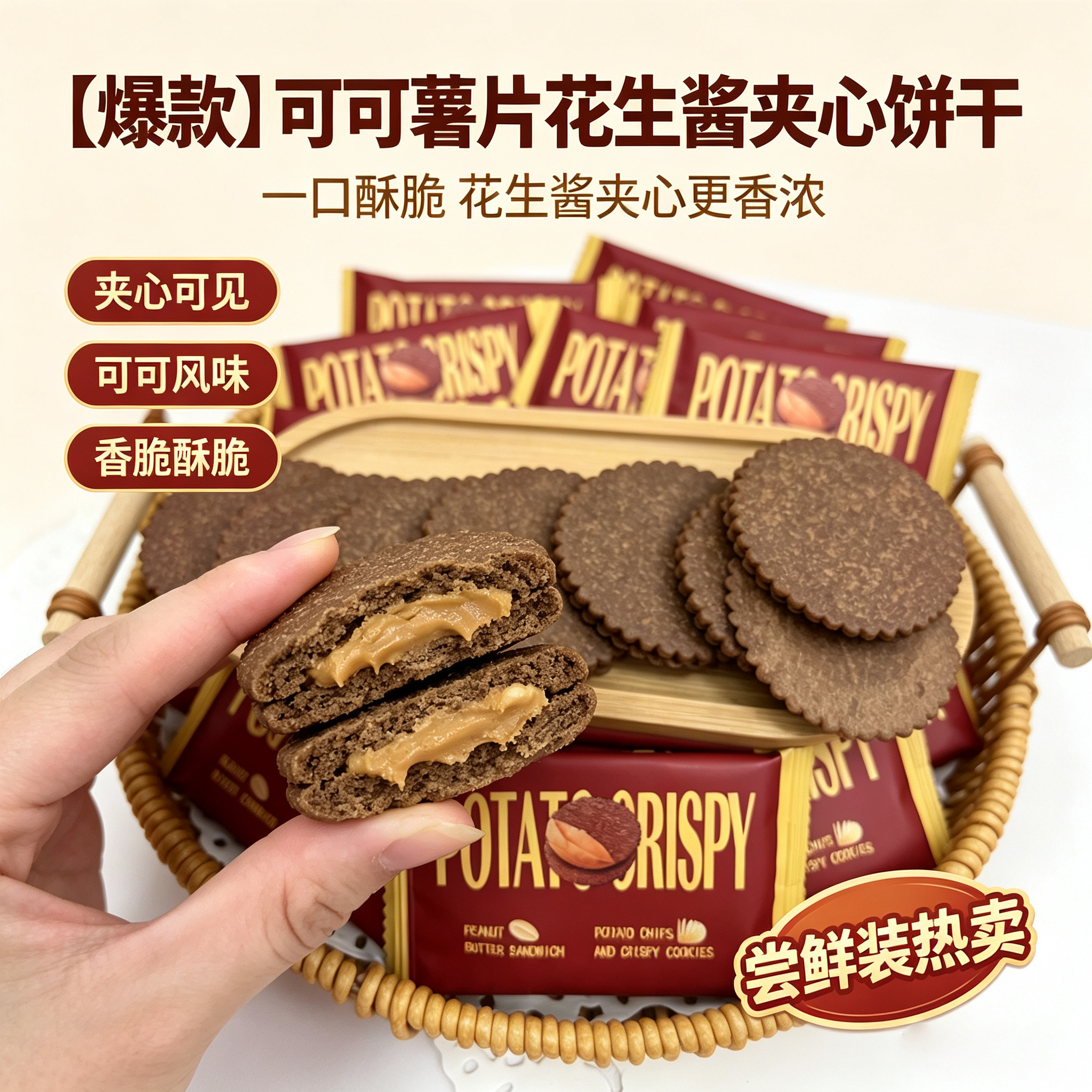 可可薯片花生酱夹心饼干散装酥脆零食爆款可口薄脆饼干独立小包装