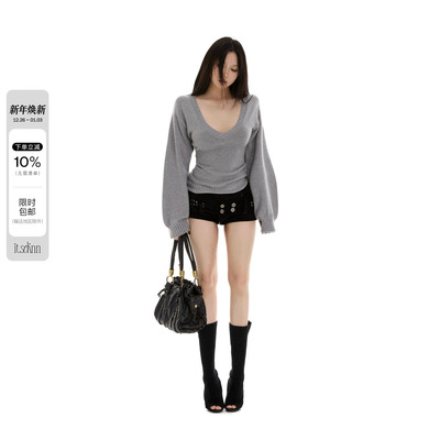 itsdinn 低胸大V领紧身收腰显腰身灯笼袖毛衫针织毛衣女长袖秋冬