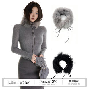 itsdinn 100狐狸毛貉子毛定染黑灰色百搭皮草围脖女冬 basic