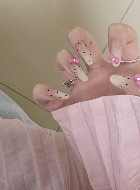 金金酱豹纹kitty夏日ins少女心甜妹纯手工穿戴甲渐变手绘杏仁甲