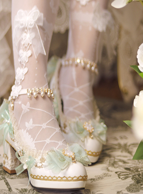 lolita高跟鞋子一夜物语花嫁森系浅绿色粗跟高跟鞋lo鞋