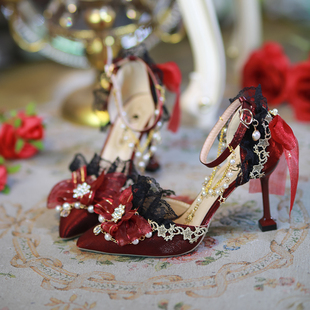 原创一夜物语正品Lolita鞋哥特黑红尖头细跟新娘结婚高跟洛丽塔鞋