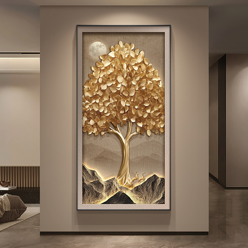 发财树玄关装饰画现代轻奢过道走廊尽头挂画竖版入户正对门墙壁画图片