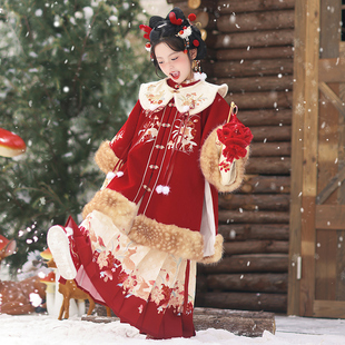 汉服女童2026新款儿童秋冬拜年服女孩喜庆新年衣服加厚过年服套装