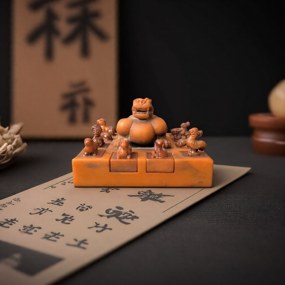 精品古玩旧藏  壬申年篆刻家刻石红田黄石雕刻九龙印章仿寿山石