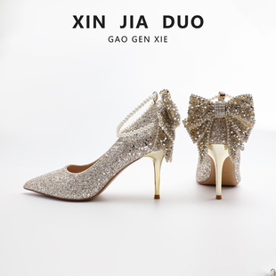 金色主纱婚鞋女新娘禾秀婚纱两穿配旗袍气质宴会蝴蝶结细跟高跟鞋