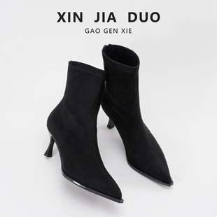 绝美尖头瘦瘦靴高跟细跟通勤黑色短靴增高复古简约女士马丁靴女款