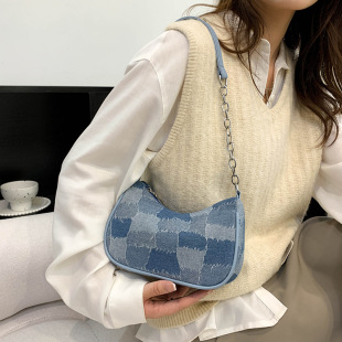 休闲简约法棍包链条复古手 潮时尚 日本ぜいた牛仔包包女 流行新款