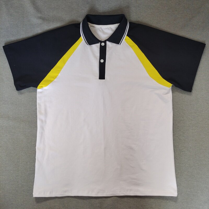 定做夏季男女校服同款短袖大小码白色拼藏蓝色拼亮黄色休闲POLO衫