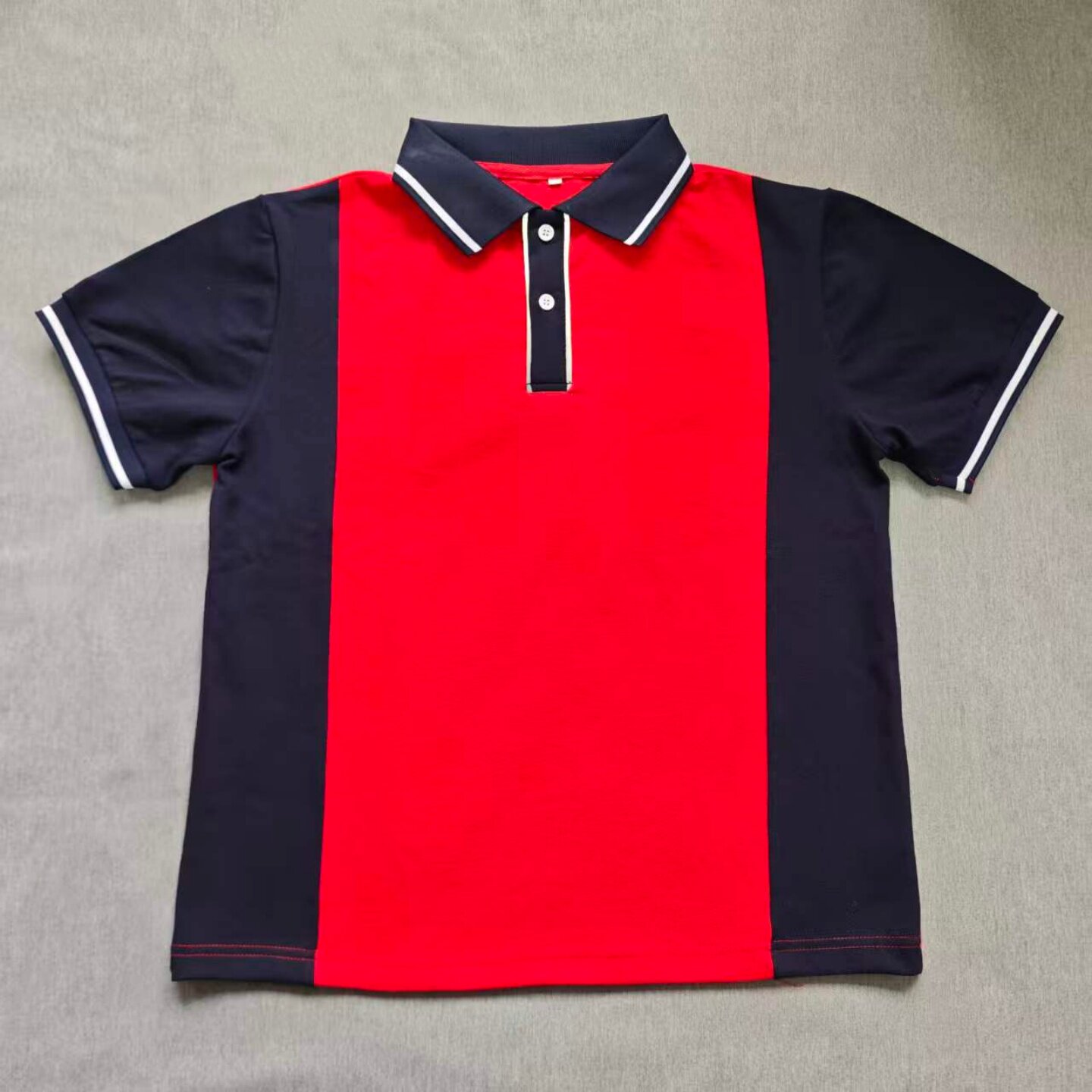 定做夏季男女校服同款运动短袖大红色拼接藏蓝色POLO衫休闲T恤衫