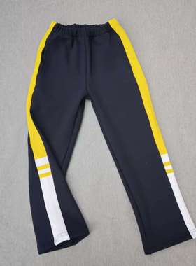 定做春秋冬男女校裤同款运动裤藏青色拼接宽鹅黄白条休闲运动长裤