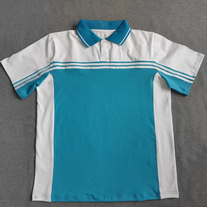 定做夏季男女校服同款运动半袖蓝色拼白色条袖翻领休闲T恤POLO衫