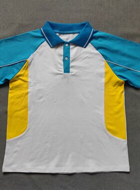 定做夏季男女校服同款运动半袖上衣白色拼接蓝色插肩袖POLO衫T恤