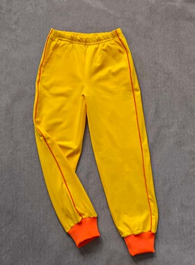 定做春秋冬男女校裤同款运动裤子亮黄色拼接橘红色细条加绒休闲裤