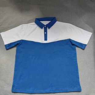 定做夏季男女校服同款运动短袖T恤衫宝蓝拼接白色本布领子polo衫