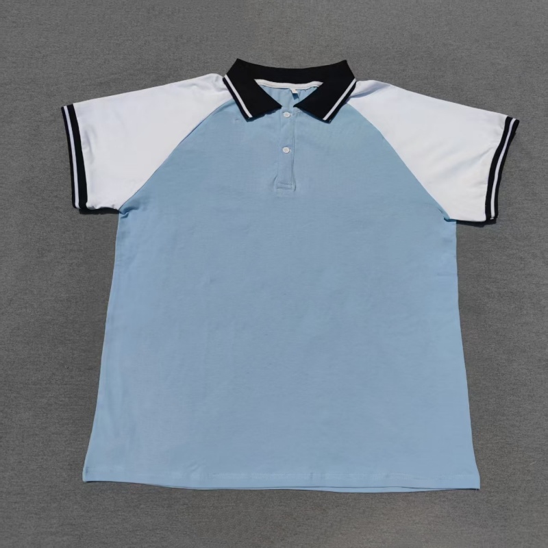 定做夏季男女校服同款运动短袖浅蓝拼白袖翻领休闲T恤POLO衫短袖
