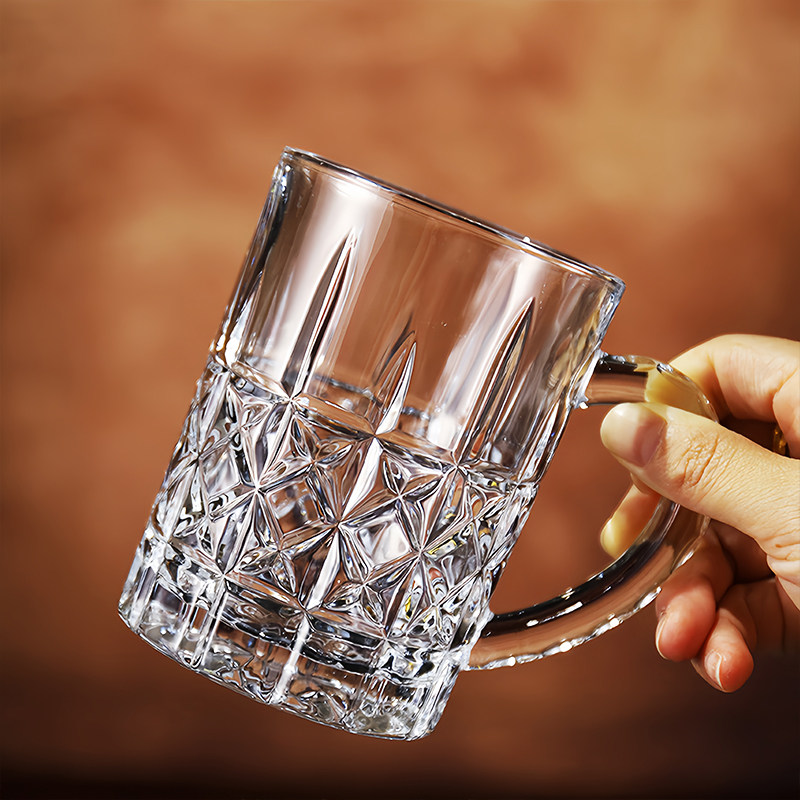 家用玻璃杯子水杯大号 啤酒杯子 耐热带把杯茶杯 扎啤杯 绿茶家用