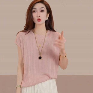 上衣女减龄显瘦T恤潮 今年流行 韩版 简约百搭圆领短袖 冰丝针织衫
