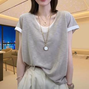 今年流行 休闲减龄洋气体恤上衣 欧货假两件t恤女冰丝短袖 针织衫