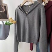 潮 纯色打底针织衫 今年流行 温柔风连帽灰色毛衣女士洋气百搭长袖