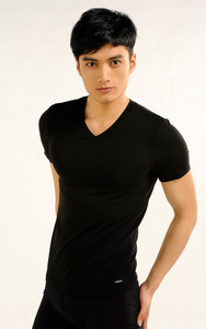 HOSA浩沙专柜正品V领男士棉木代尔短袖上衣 打底运动T恤112511402