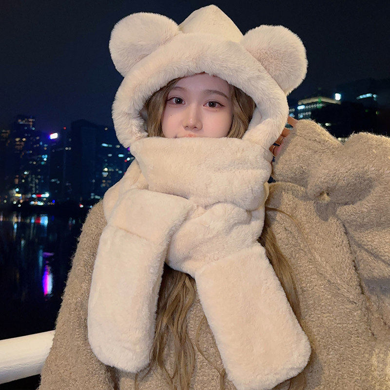 毛绒小熊帽子秋冬女围巾