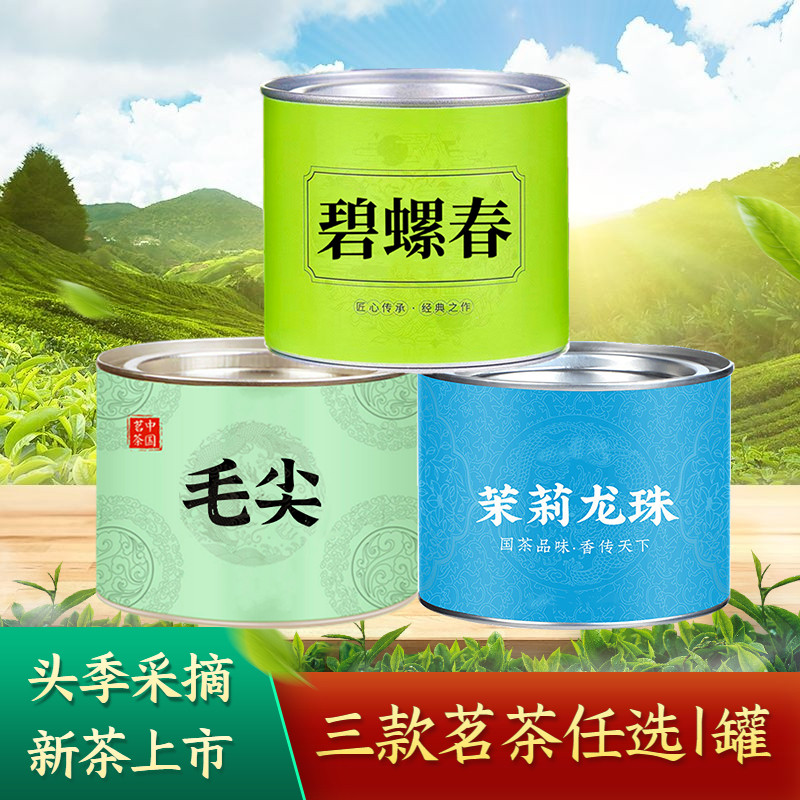 三款茗茶选1罐 新茶春茶碧螺春绿茶毛尖茶茉莉龙珠浓香型铁罐装