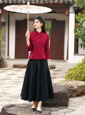 大码棉麻汉服套装女春秋透气
