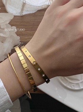 ZIZHI STUDIO法式手镯欧美锆石开口时髦叠戴不掉色高级感钛钢手环