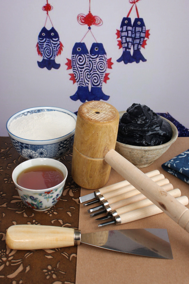 传统蓝印花布蓝染型糊染diy学习体验工具材料包套装防染糊刻模板