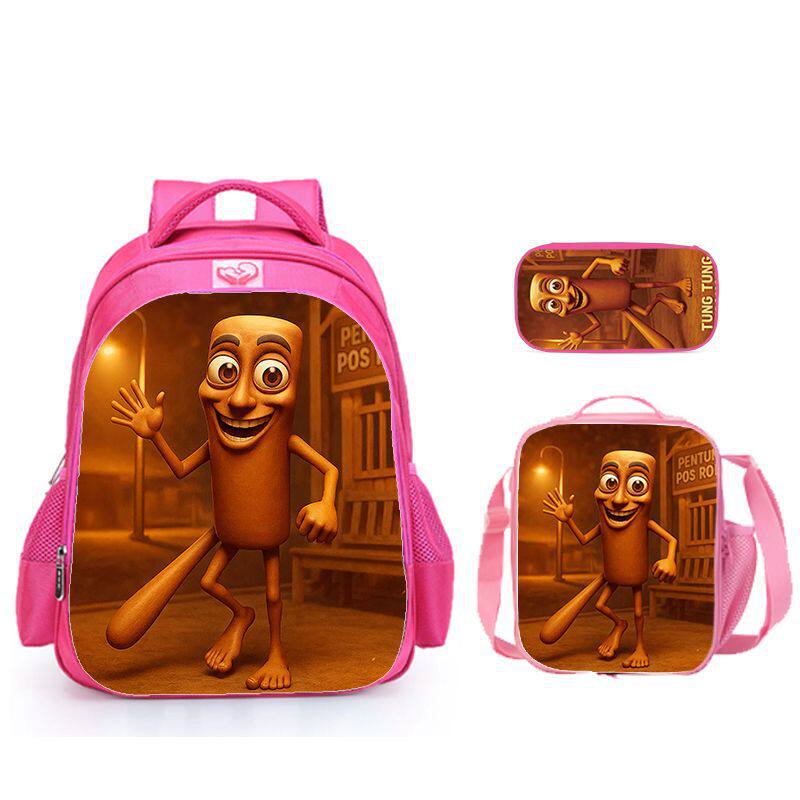 校园吸睛三件套海经木棍人印花牛津纺书包+餐包+笔袋卡通印花图案