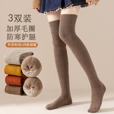 过膝袜子女加厚秋冬款保暖纯棉长筒袜冬天加绒毛圈大腿高筒jk长袜