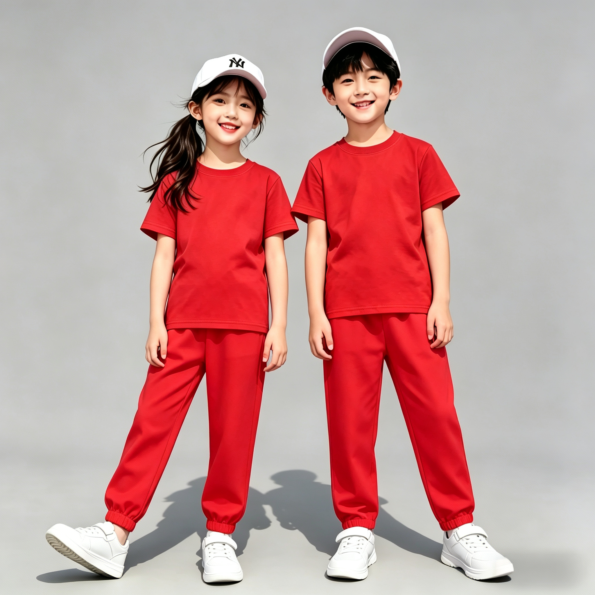 儿童红色运动套装男女童纯棉短袖长裤夏季两件套小学生运动会班服