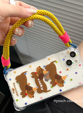 波点腊肠狗适用OPPOK10PRO手机壳A72/A93S支架9Reno12/6四角挂绳孔7/R15/A58/A3x手提11/8小众5A1高级A2m卡通