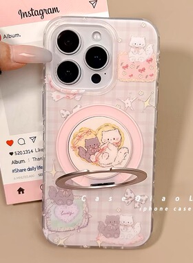 适用华为荣耀300/20/100手机壳90/80/70畅玩50格纹猫咪x60v40旋转360磁吸支架magic7/6/5/4/3时尚play9T新8tp