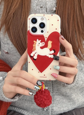 适用三星s25s24s23s22s21U手机壳note10+爱心小马s20fe铃铛毛球挂件s8s9新年红色s10马年A53a72A55a42A71外壳