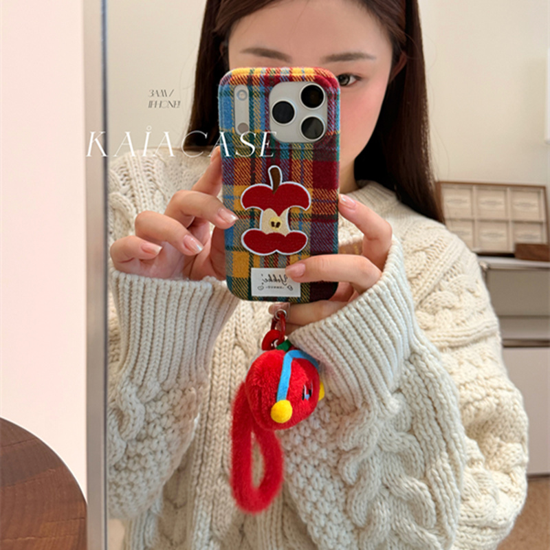 适用opporeno14/13手机壳Findx9/8/7/6/5/3绒布格纹k13k12k11刺绣苹果核Reno10/9毛茸挂件4se手绳Ace2时尚pro