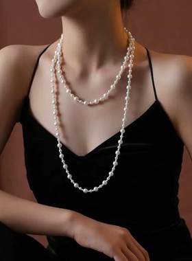 276戴安公主经典长款珍珠项链手工玻璃珍珠可叠戴女毛衣链秋冬新