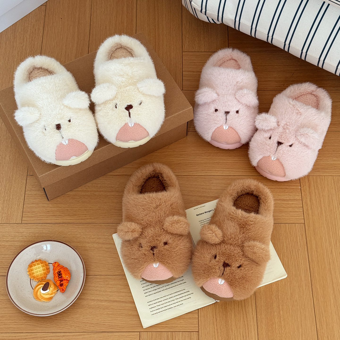 南波万秋冬季可爱土拨鼠棉拖鞋女保暖防滑室内外穿防滑保暖毛拖鞋