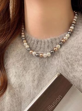 NK-129灰白粉混色玻璃珍珠项链轻奢女新款颈链锁骨链网红饰品