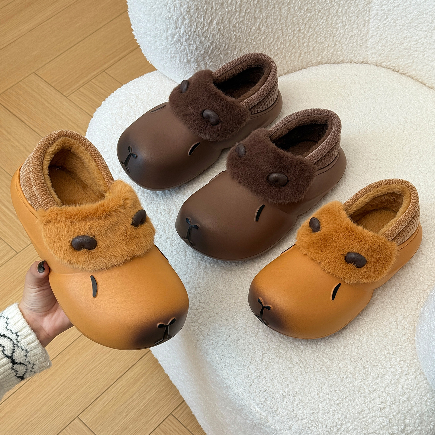 南波万卡皮巴拉棉拖鞋女冬季居家室内保暖加绒防滑包跟情侣棉鞋男