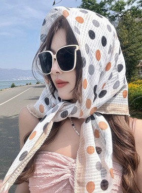 棉麻丝巾女波点90x90cm方巾轻薄四季款对折包头三角巾领巾防晒巾