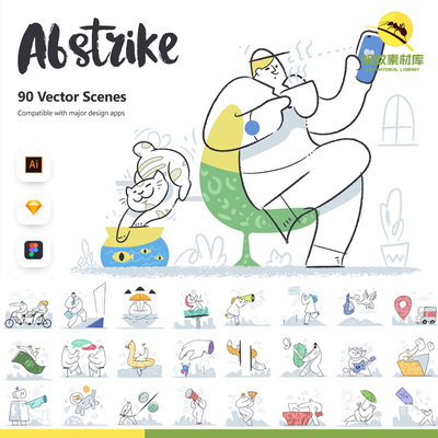 时尚手绘扁平化抽象夸张漫画人物形象场景插画图案AI矢量设计素材