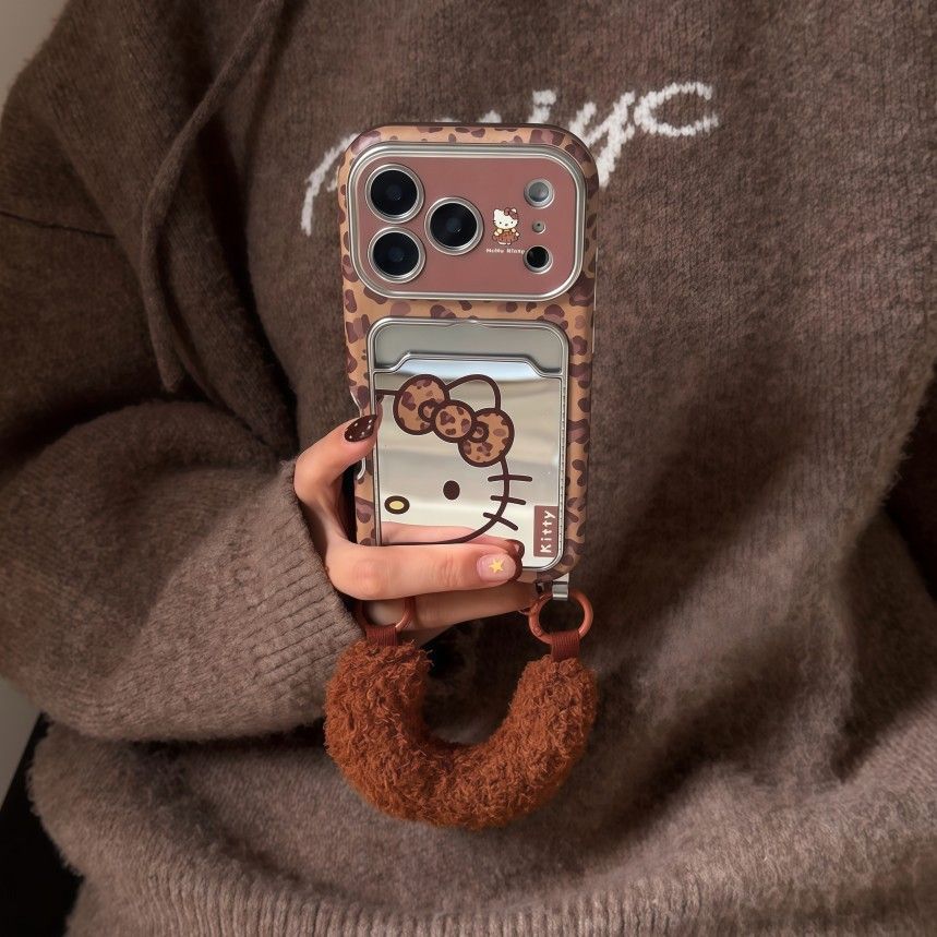 豹纹kt猫脸镜面卡包手机壳