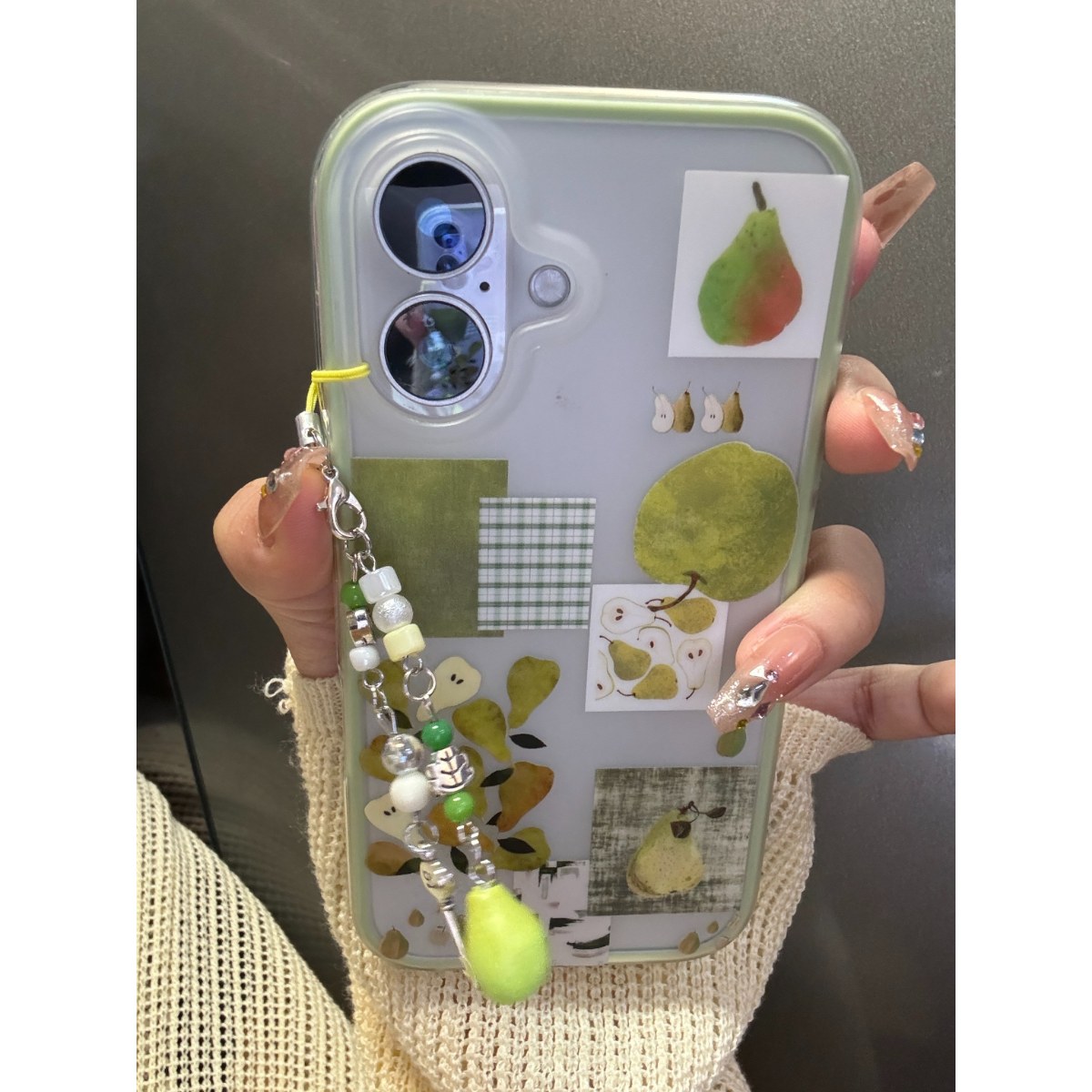 半塘壳野ins小众磨砂格纹拼接梨子挂坠15适用16pro苹果16ProMax手机壳iPhone16全包14新款14Promax保护套13韩